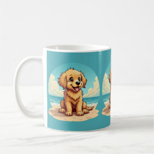 Caneca De Café Filhote Dourado Fofo em Cena de Praia Ensolarada
