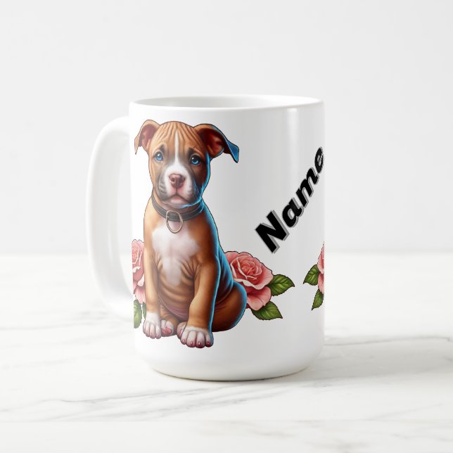 Caneca De Café Filhote Marrom Fofo com Rosas  (Frente Esquerda)