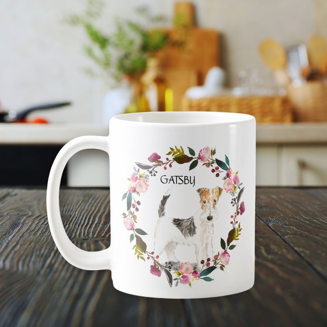 Caneca De Café Fio de Aquarela Personalizado Terrier Rosa (Cute fox terrier watercolor portrait framed in floral wreath. Dog mom gift.)