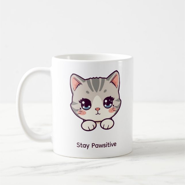 Caneca De Café Fique Pawsitivo | Café Personalizado com Gato Fofo (Esquerda)