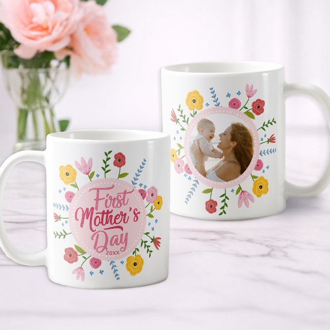 Caneca De Café First Mother’s Day Photo Floral Mug Gift (1st Mother's Day Gift Idea)