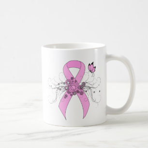 Caneca De Café Fita rosa de consciência com borboleta