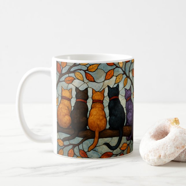 Caneca De Café Five Cats on a Tree Branch Stained Glass Style (Com Donut)