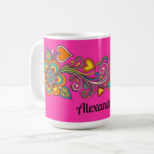 Caneca De Café Flaire Floral Retro Gavinhas Borda 18 + seu texto (Frente Esquerda)
