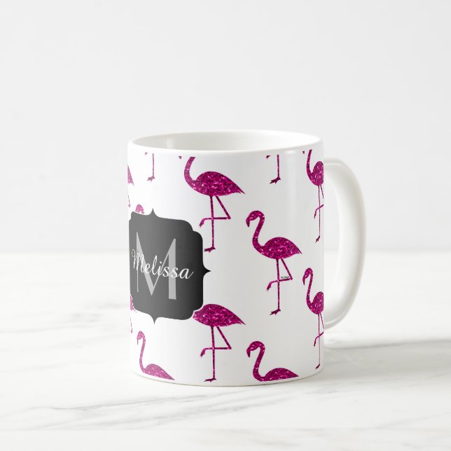 Caneca De Café Flamingo brilhante Padrão de brilhos rosa Monogram (Frente Esquerda)