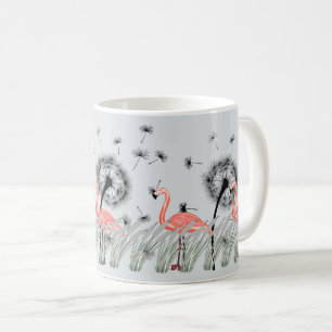 Caneca De Café Flamingo com Dandelion Laranja e Arte de Grama Ree