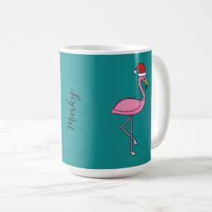 Caneca De Café Flamingo de Natal com Santa Hat Adicionar nome