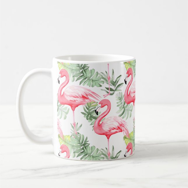 Caneca De Café Flamingo e Folhas Tropicais Coloridas (Esquerda)