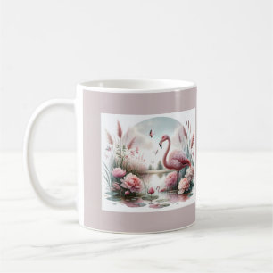 Caneca De Café Flamingo na cena floral de Pastel Pond