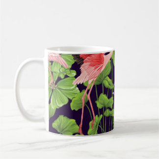 Caneca De Café Flamingo, plantas tropicais, fundo negro.