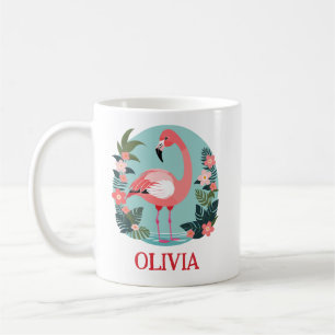 Caneca De Café Flamingo Rosa Cartoon Adorável e Flores