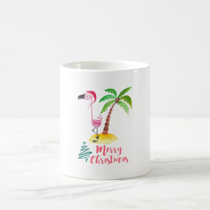 Caneca De Café Flamingo Rosa Em Um Chapéu De Papai Noel Por Um X