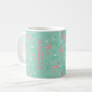 Caneca De Café Flamingo Rosa padrão verde ciano fofo nome