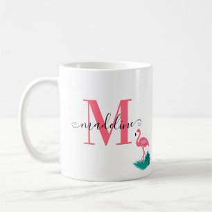 Caneca De Café Flamingo Rosa Quente - Monograma de Folhas Tropica