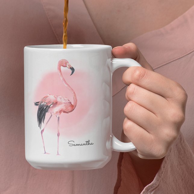 Caneca De Café Flamingo Rosa Tropical Girassol com Qualquer Nome (Criador carregado)