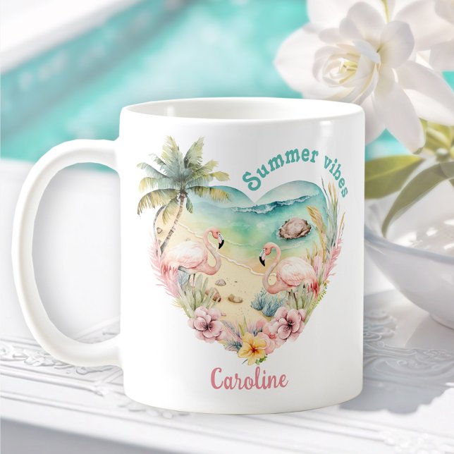 Caneca De Café Flamingo Summer Beach Hawaii Nome Tropical (Flamingo Summer Beach Hawaii Tropical Name Coffee Mug)