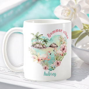 Caneca De Café Flamingo Summer Heart Tropical Personalize Name