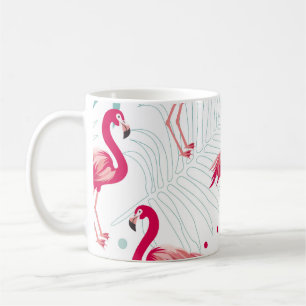 Caneca De Café Flamingo tropical e folhas, padrão de verão.