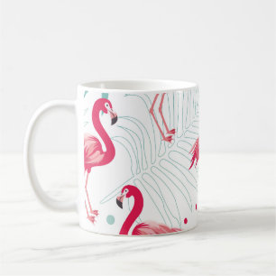 Caneca De Café Flamingo tropical e folhas, padrão de verão.