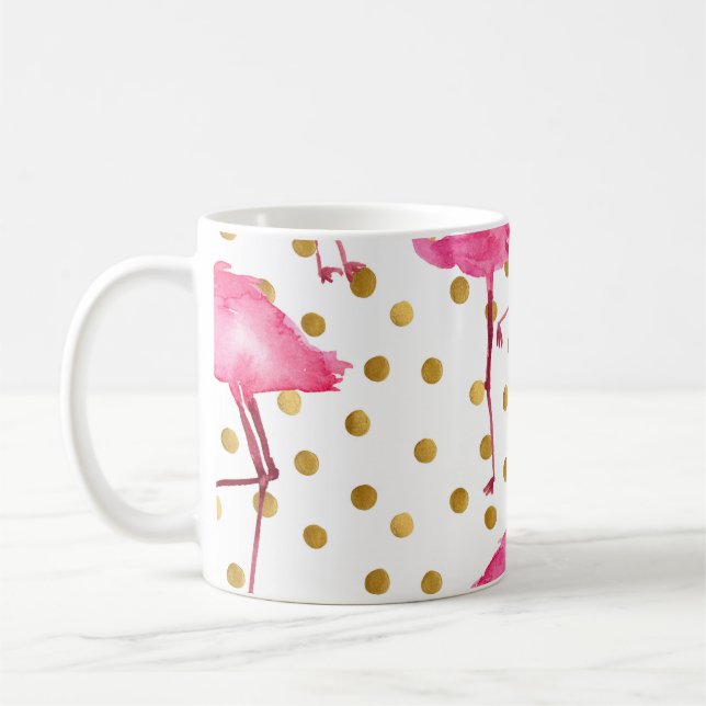 Caneca De Café flamingos cor-de-rosa, pontos ouros, aquarela. (Esquerda)