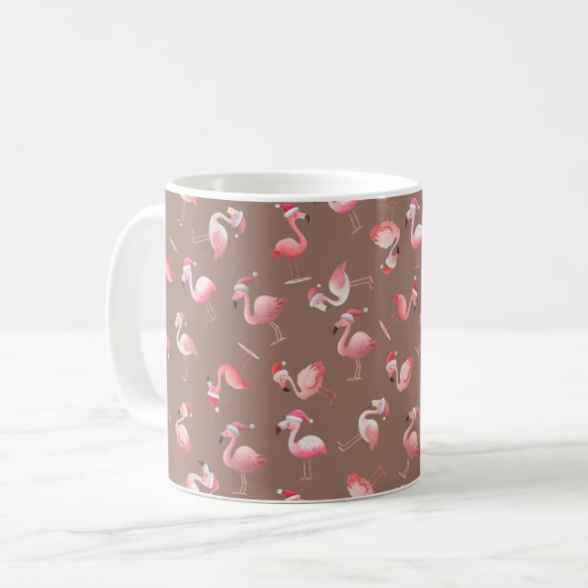 Caneca De Café Flamingos de Natal Espalhados em Marrom (Frente Esquerda)