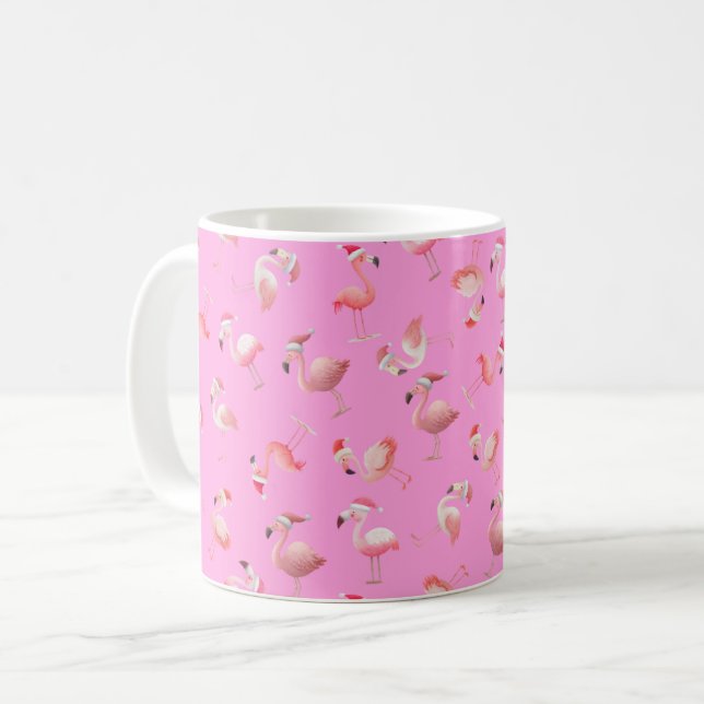 Caneca De Café Flamingos de Natal Espalhados sobre Rosa (Frente Esquerda)