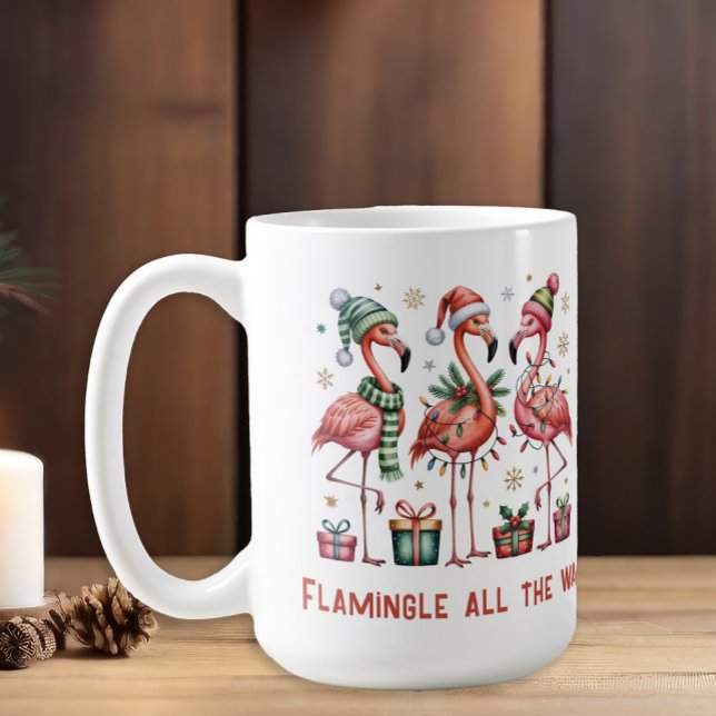 Caneca De Café Flamingos de Natal Flamingle All The Way  ("Flamingle all the way" funny three flamingos Christmas coffee mug)