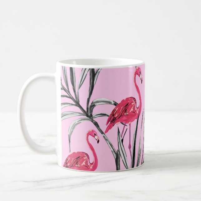Caneca De Café Flamingos, padrão de vinheta de aquarela tropical. (Esquerda)
