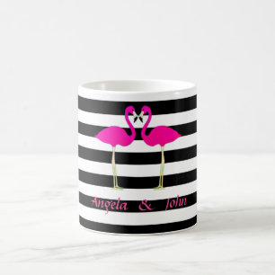 Caneca De Café Flamingos Rosa, Listras Pretas e Brancas Personali