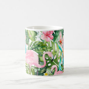 Caneca De Café Flamingos Rosa PixDezines+Folhagem Tropical