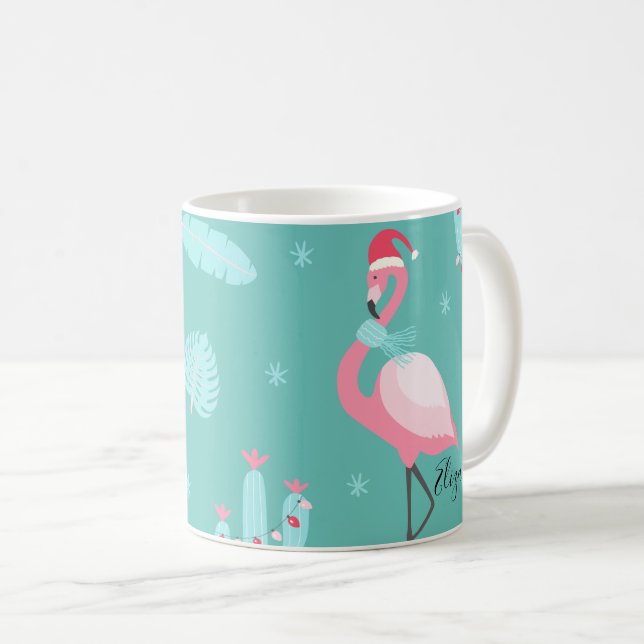 Caneca De Café Flamingos Santa Hat apresenta flocos de neve (Frente Esquerda)