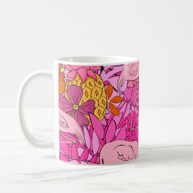 Caneca De Café Flamingos sobre fundo de folhas tropicais e f (Esquerda)
