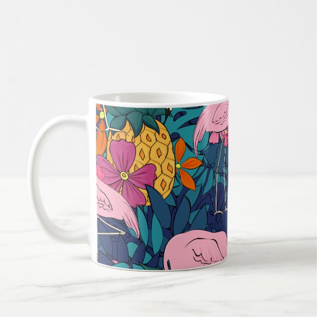 Caneca De Café Flamingos sobre fundo de folhas tropicais e f (Esquerda)