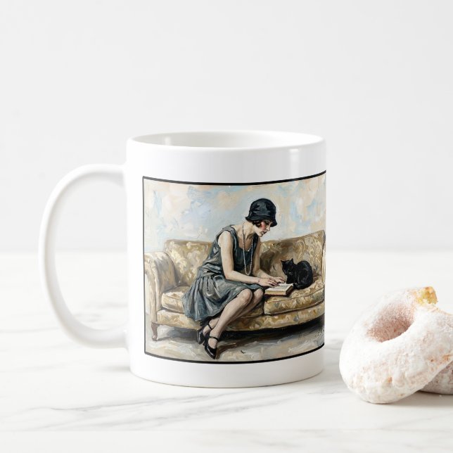 Caneca De Café Flapper Reading a book with a black cat Literature (Com Donut)