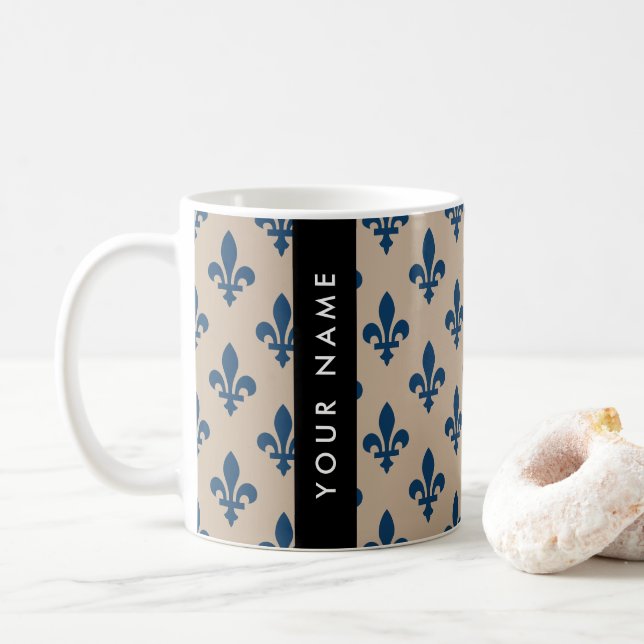 Caneca De Café Fleur de Lis, Navy Blue on Beige, Royal, Your Name (Com Donut)