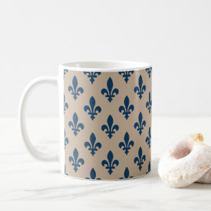 Caneca De Café Fleur de Lis Pattern, Royal French Blue em Creme
