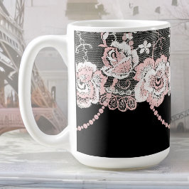 Caneca De Café Flirta e Delicada Rosa Rosa Faux Lace e Pérolas
