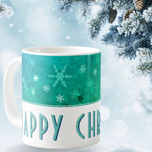 Caneca De Café Floco de Neve Moderno Azul Verde Feliz Natal