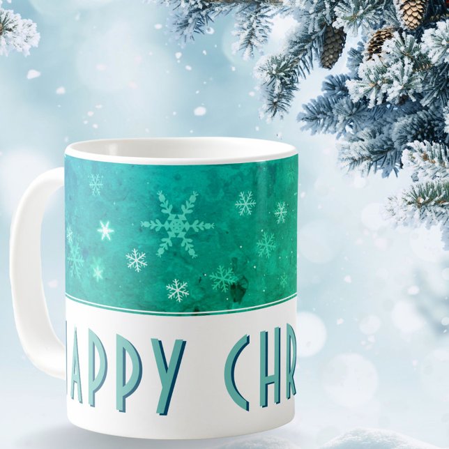 Caneca De Café Floco de Neve Moderno Azul Verde Feliz Natal (Criador carregado)
