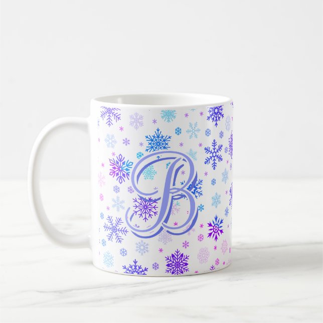 Caneca De Café Floco de neve Pastel Rosa e Azul Elegante Monogram (Esquerda)
