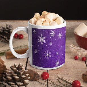 Caneca De Café Flocos de neve brancos com fundo azul-roxo