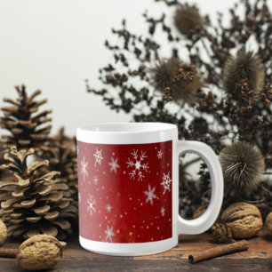 Caneca De Café Flocos de neve brancos com fundo vermelho