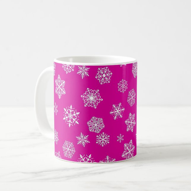 Caneca De Café Flocos de neve brancos de 3 d sobre fundo rosa fuc (Frente Esquerda)