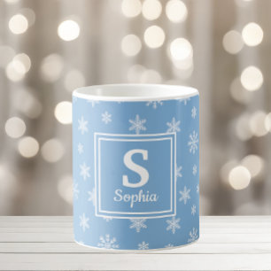 Caneca De Café Flocos de neve brancos de Natal Monograma azul de 
