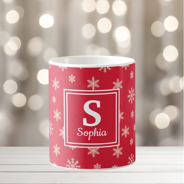 Caneca De Café Flocos de neve brancos de Natal Monograma vermelho (Criador carregado)