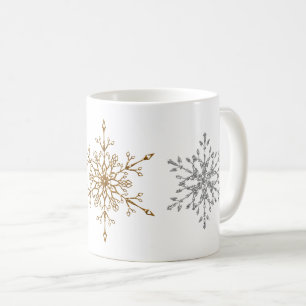 Caneca De Café Flocos de neve de Natal com brilho de prata e Dour