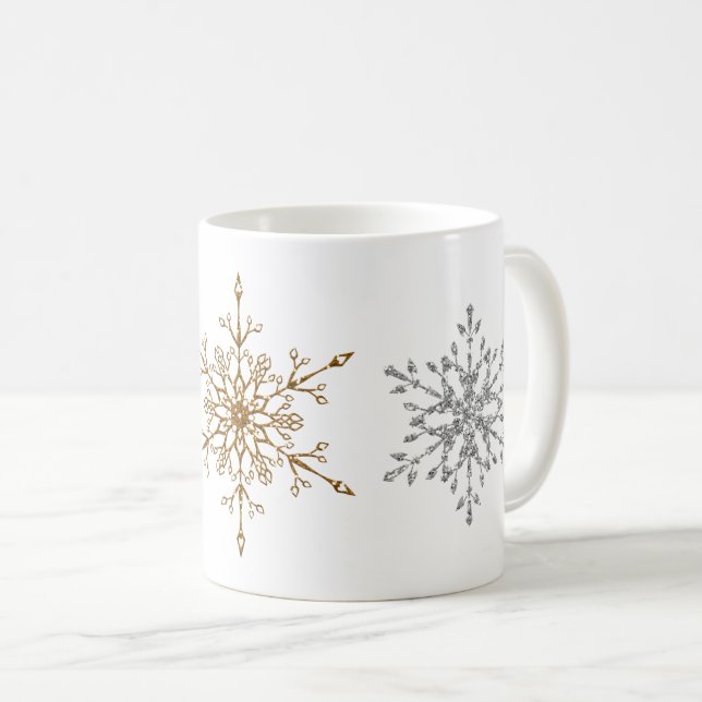 Caneca De Café Flocos de Neve de Natal com Brilho de Prata e Ouro (Frente Esquerda)