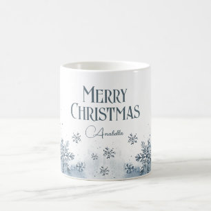Caneca De Café Flocos de neve Feliz Natal Nome Personalizado Azul
