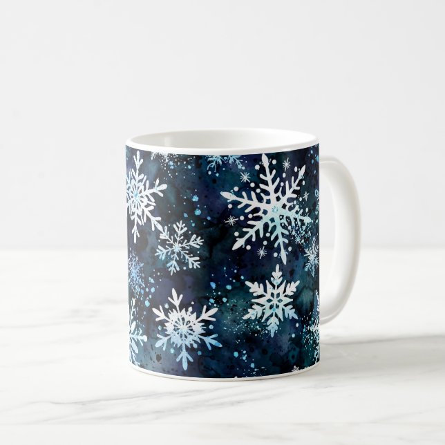 Caneca De Café Flocos de Neve Profundo Azul Mágico Noturno (Frente Esquerda)