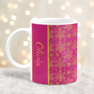 Caneca De Café Flocos de neve rosa e Dourada, Flocos de Natal com